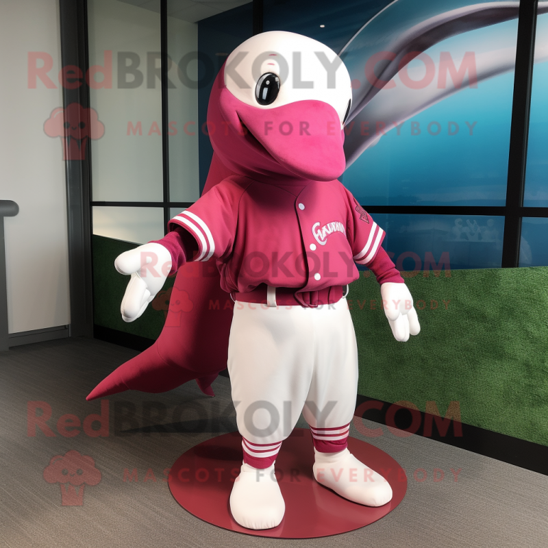 Magenta Beluga Whale mascot costume character dressed with a Baseball Tee and Foot pads Magenta Beluga Whale mascot costume character dressed with a Baseball Tee and Foot pads