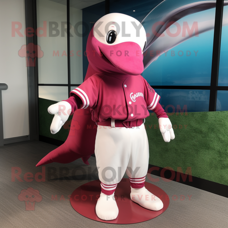 Magenta Beluga Whale mascot costume character dressed with a Baseball Tee and Foot pads