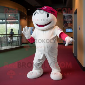 Magenta Beluga Whale mascot costume character dressed with a Baseball Tee and Foot pads