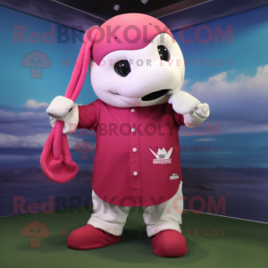 Magenta Beluga Whale mascot costume character dressed with a Baseball Tee and Foot pads