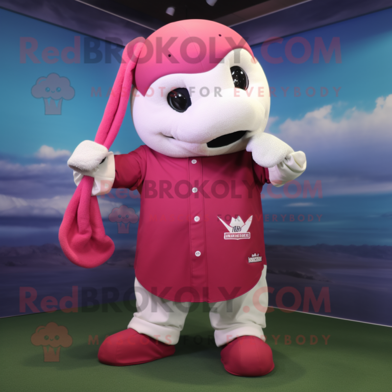 Magenta Beluga Whale mascot costume character dressed with a Baseball Tee and Foot pads