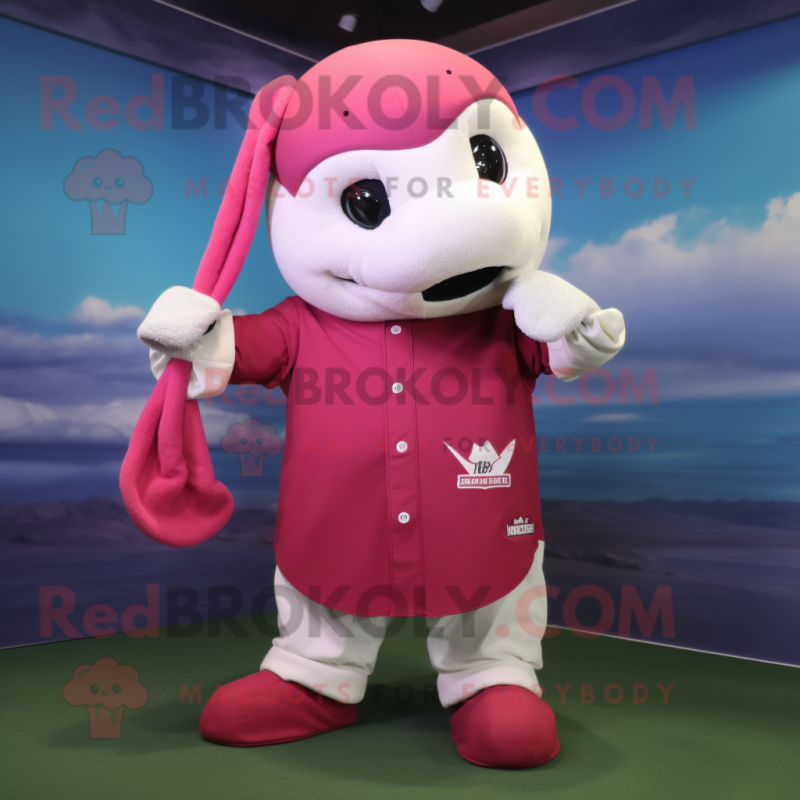 Magenta Beluga Whale mascot costume character dressed with a Baseball Tee and Foot pads Magenta Beluga Whale mascot costume character dressed with a Baseball Tee and Foot pads