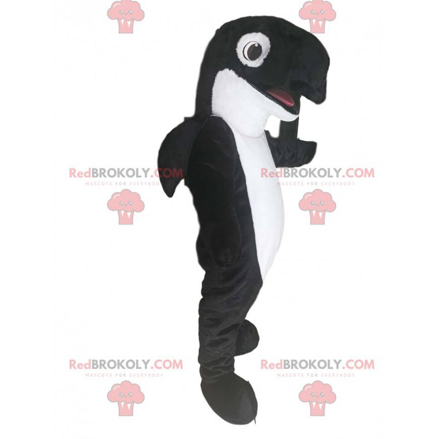 Mascote da baleia assassina em preto e branco. Fantasia de orca