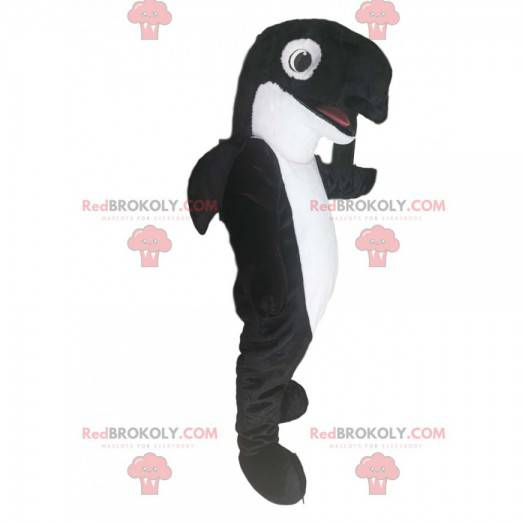 Mascote da baleia assassina em preto e branco. Fantasia de orca