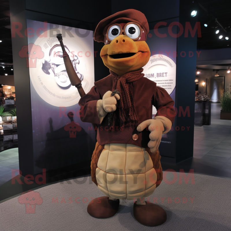 Brown Bagpipe mascot costume character dressed with a Turtleneck and Earrings Brown Bagpipe mascot costume character dressed with a Turtleneck and Earrings