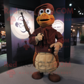 Brown Bagpipe mascot costume character dressed with a Turtleneck and Earrings