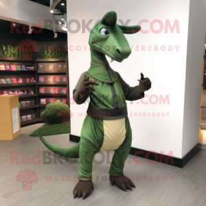 Forest Green Parasaurolophus mascot costume character dressed with a Overalls and Cummerbunds