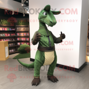 Forest Green Parasaurolophus mascot costume character dressed with a Overalls and Cummerbunds