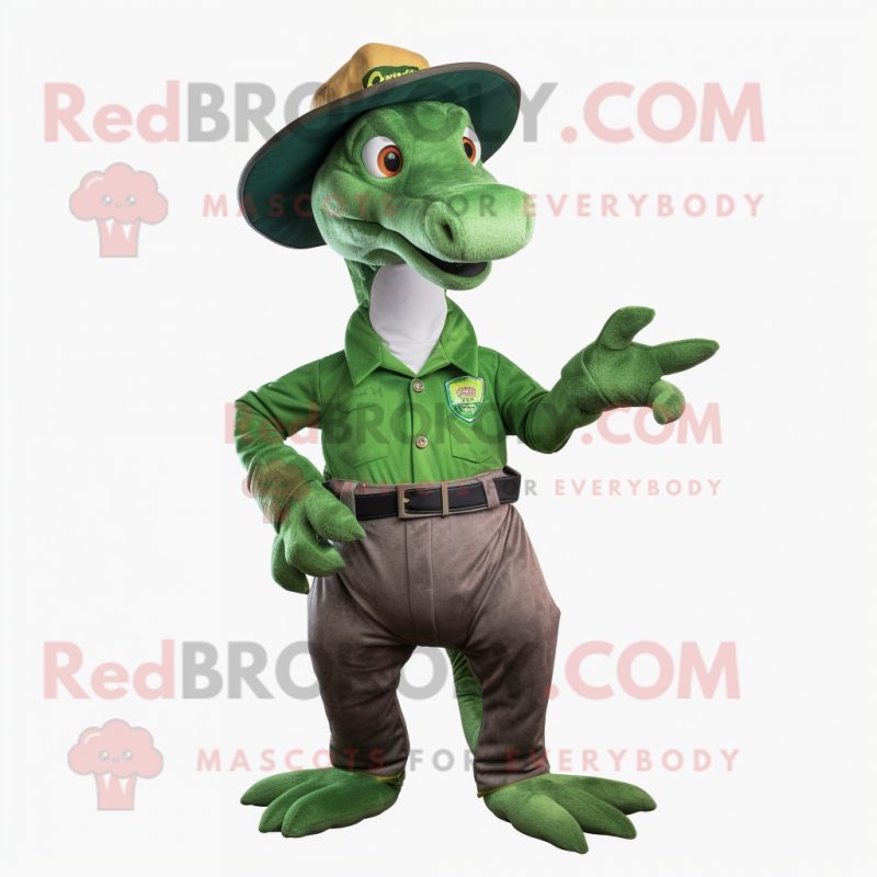 Forest Green Parasaurolophus mascot costume character dressed with a Overalls and Cummerbunds