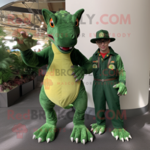 Forest Green Parasaurolophus mascot costume character dressed with a Overalls and Cummerbunds