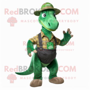 Forest Green Parasaurolophus mascot costume character dressed with a Overalls and Cummerbunds