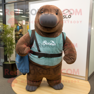 Rust Stellar'S Sea Cow mascot costume character dressed with a Polo Tee and Backpacks