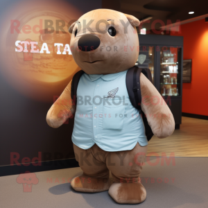 Rust Stellar'S Sea Cow mascot costume character dressed with a Polo Tee and Backpacks