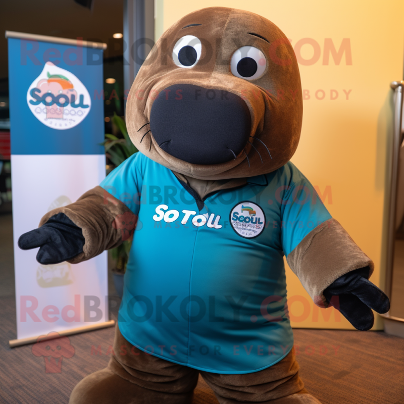 Rust Stellar'S Sea Cow mascot costume character dressed with a Polo Tee and Backpacks