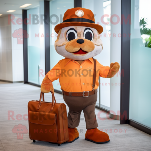 Brown Mandarin mascot costume character dressed with a Henley Shirt and Briefcases