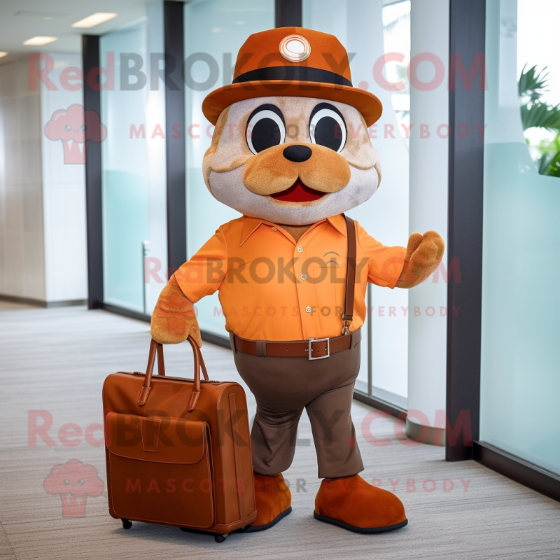 Brown Mandarin mascot costume character dressed with a Henley Shirt and Briefcases Brown Mandarin mascot costume character dressed with a Henley Shirt and Briefcases