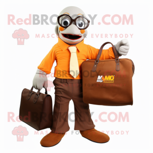 Brown Mandarin mascot costume character dressed with a Henley Shirt and Briefcases