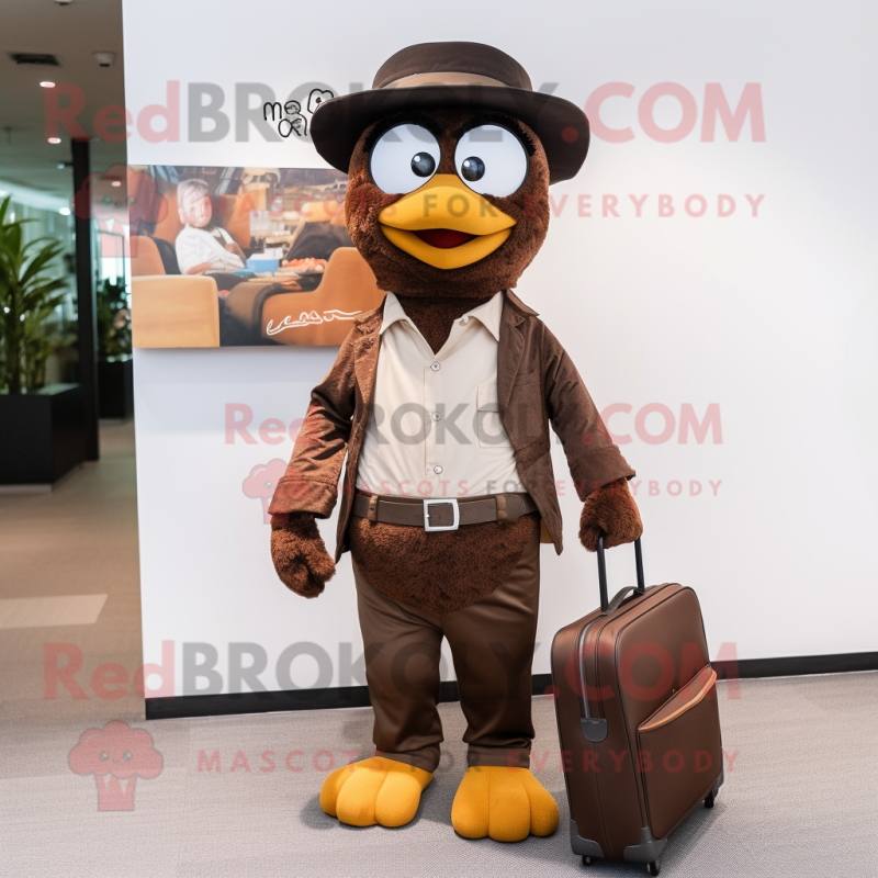 Brown Mandarin mascot costume character dressed with a Henley Shirt and Briefcases Brown Mandarin mascot costume character dressed with a Henley Shirt and Briefcases