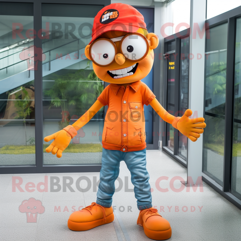 Orange Zombie mascot costume character dressed with a Jeggings and Eyeglasses