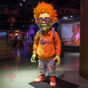 Orange Zombie mascot costume character dressed with a Jeggings and Eyeglasses