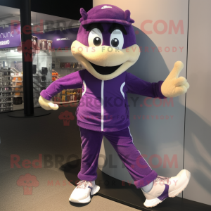 Purple Acrobat mascot costume character dressed with a Vest and Shoe laces