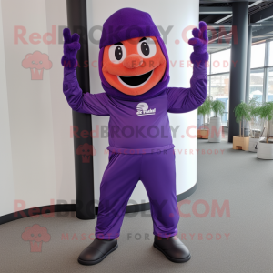 Purple Acrobat mascot costume character dressed with a Vest and Shoe laces