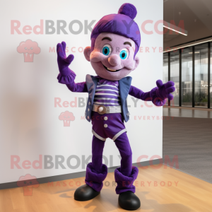 Purple Acrobat mascot costume character dressed with a Vest and Shoe laces