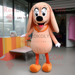 Peach Hot Dog mascot costume character dressed with a Mini Skirt and Shoe laces