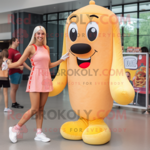 Peach Hot Dog mascot costume character dressed with a Mini Skirt and Shoe laces