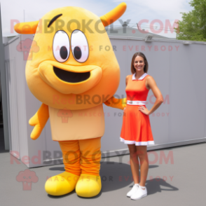 Peach Hot Dog mascot costume character dressed with a Mini Skirt and Shoe laces