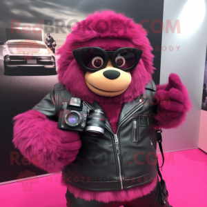 Magenta Camera mascot costume character dressed with a Leather Jacket and Handbags
