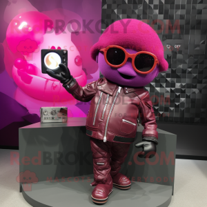 Magenta Camera mascot costume character dressed with a Leather Jacket and Handbags