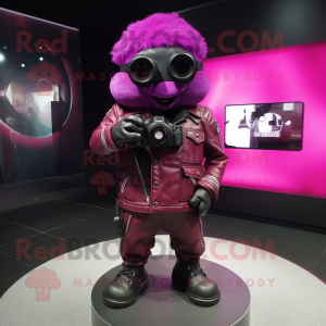 Magenta Camera mascot costume character dressed with a Leather Jacket and Handbags