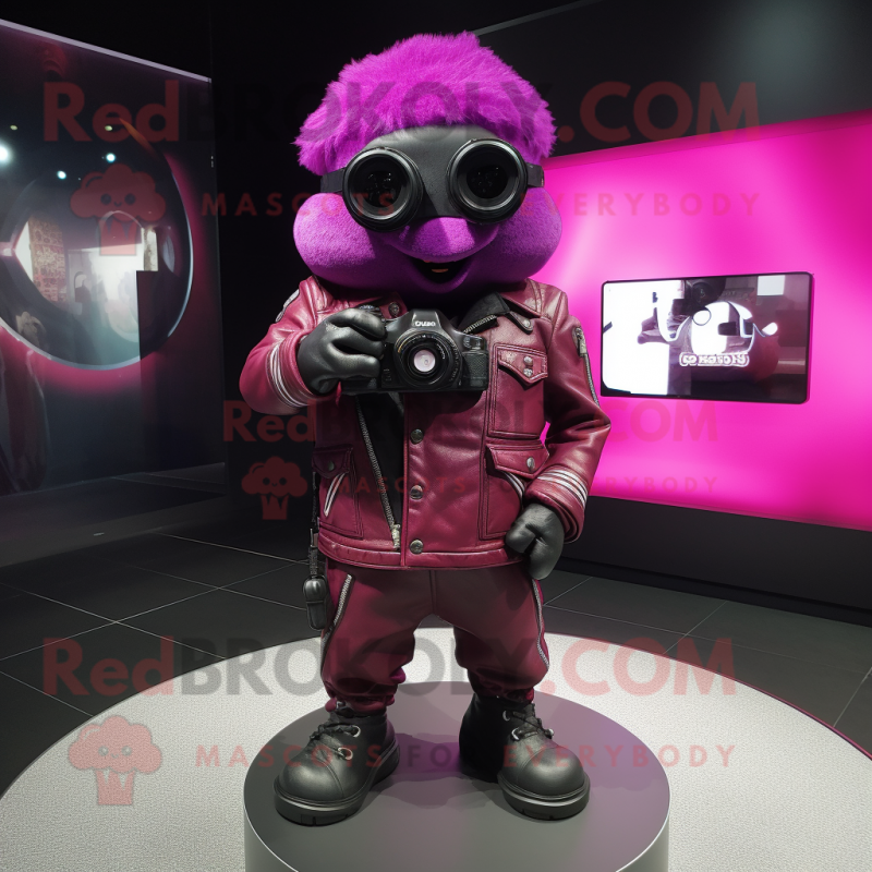 Magenta Camera mascot costume character dressed with a Leather Jacket and Handbags