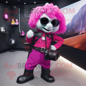 Magenta Camera mascot costume character dressed with a Leather Jacket and Handbags