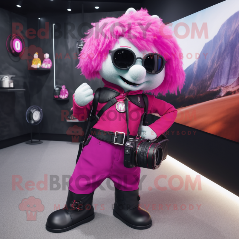 Magenta Camera mascot costume character dressed with a Leather Jacket and Handbags Magenta Camera mascot costume character dressed with a Leather Jacket and Handbags