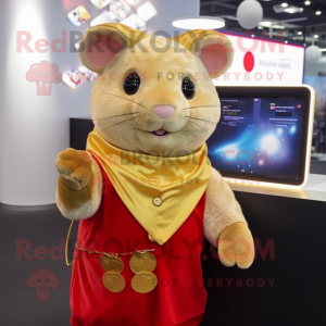 Gold Hamster mascot costume character dressed with a Wrap Skirt and Gloves