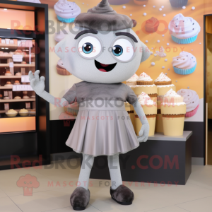 Gray Cupcake mascot costume character dressed with a Shift Dress and Belts