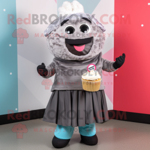 Gray Cupcake mascot costume character dressed with a Shift Dress and Belts