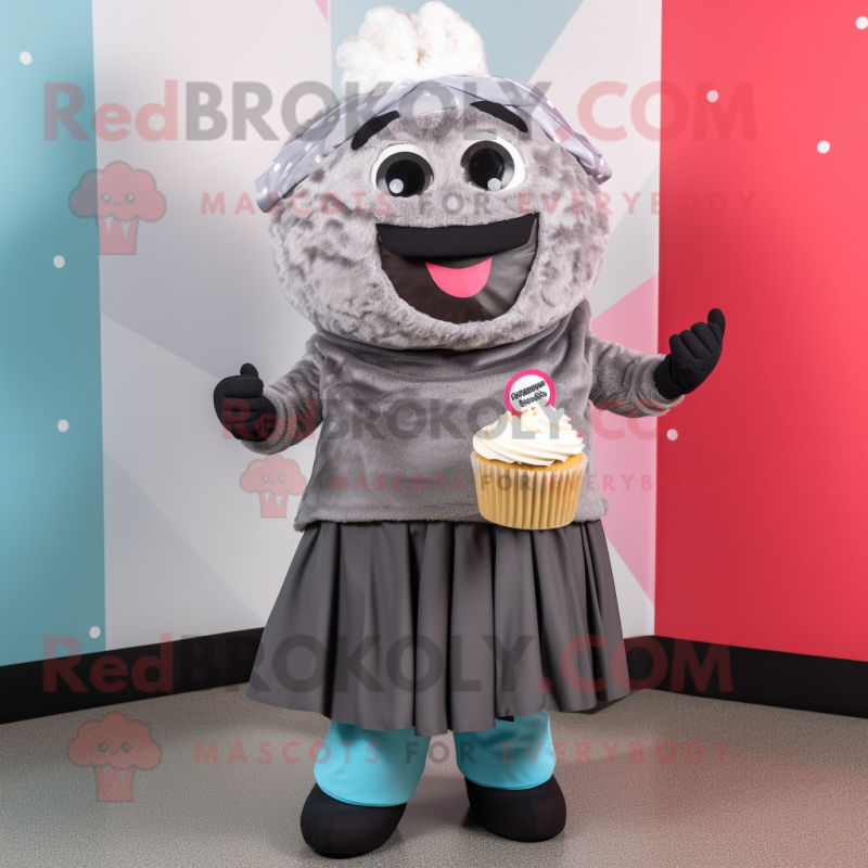 Gray Cupcake mascot costume character dressed with a Shift Dress and Belts Gray Cupcake mascot costume character dressed with a Shift Dress and Belts