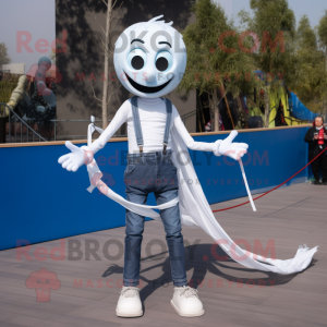 White Tightrope Walker mascot costume character dressed with a Boyfriend Jeans and Scarf clips
