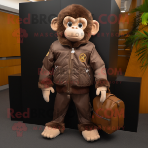 Brown Monkey mascot costume character dressed with a Jacket and Handbags