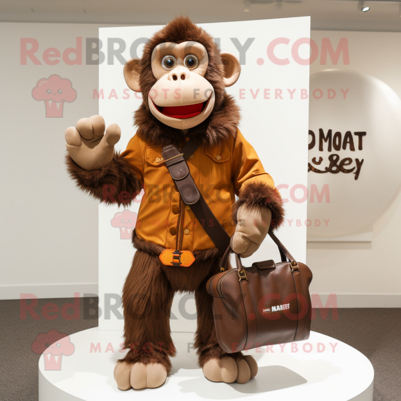 Brown Monkey mascot costume character dressed with a Jacket and Handbags