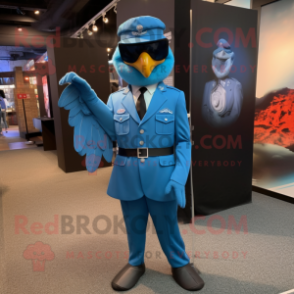 Sky Blue Hawk mascot costume character dressed with a Suit and Berets