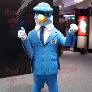 Sky Blue Hawk mascot costume character dressed with a Suit and Berets