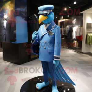 Sky Blue Hawk mascot costume character dressed with a Suit and Berets