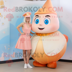 Peach Tooth Fairy mascot costume character dressed with a Tank Top and Hats