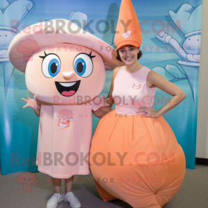 Peach Tooth Fairy mascot costume character dressed with a Tank Top and Hats