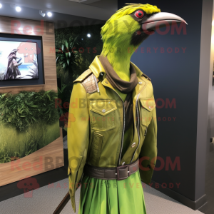 Lime Green Woodpecker mascot costume character dressed with a Leather Jacket and Shawl pins