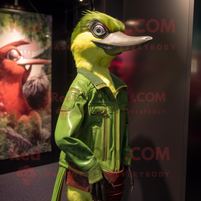 Lime Green Woodpecker mascot costume character dressed with a Leather Jacket and Shawl pins